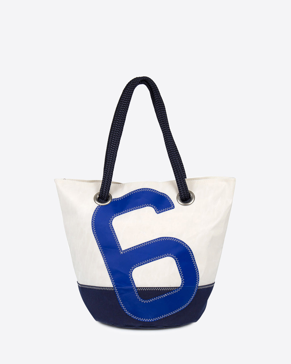 Damen Handtasche "Sandy" by 727 Sailbags / Segeltuch weiß / Boden navy / Motiv 6 blau