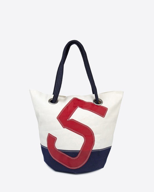 Damen Handtasche "Sandy" by 727 Sailbags / Segeltuch weiß / Boden navy / Motiv 5 rot