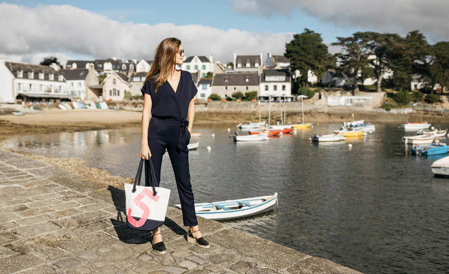 Damen Handtasche "Sandy" by 727 Sailbags / Segeltuch weiß / Boden navy / Motiv 5 pink