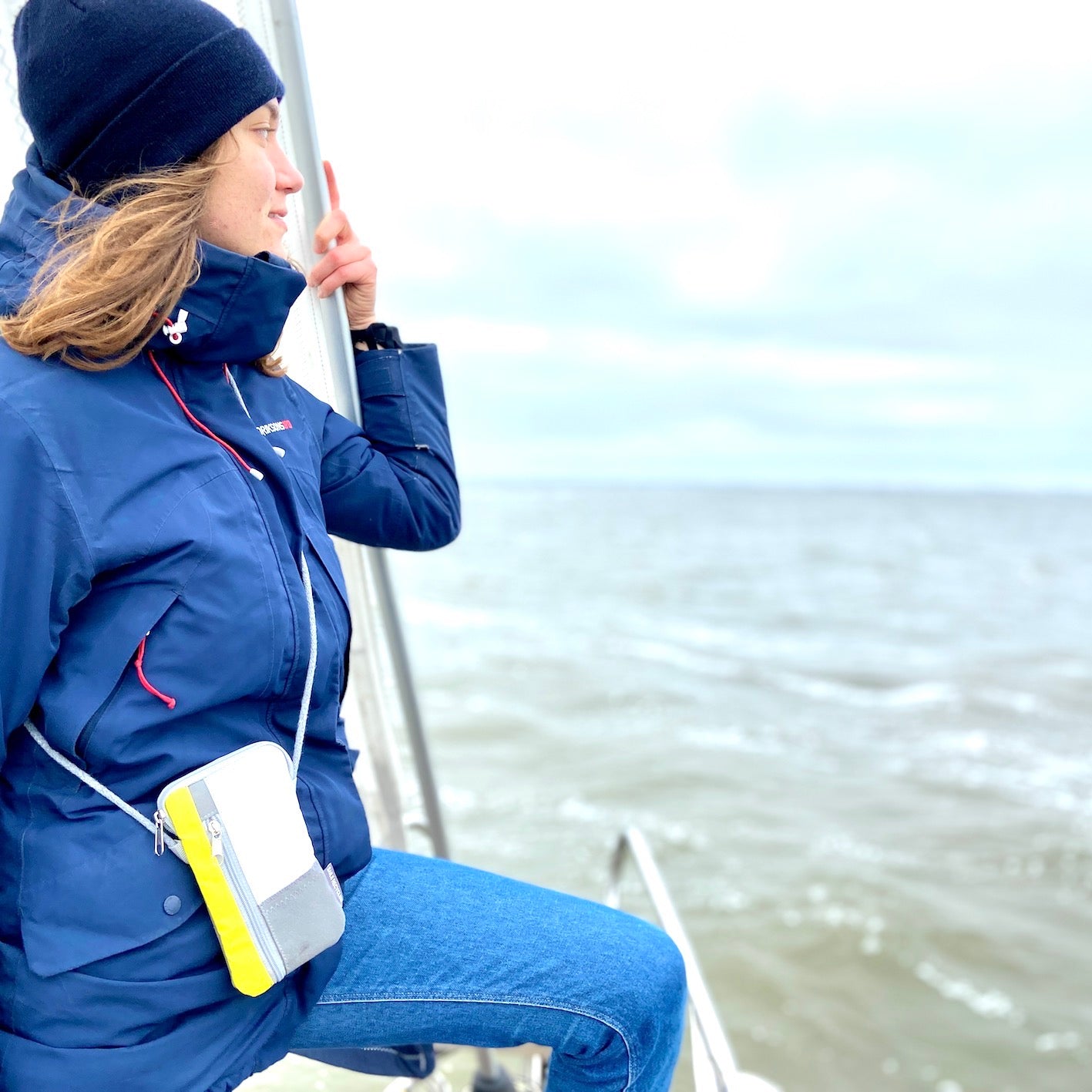 Handytasche 360 Grad "Nautik Lütt" / Segeltuch grau weiß / Motiv Zufallszahl orange