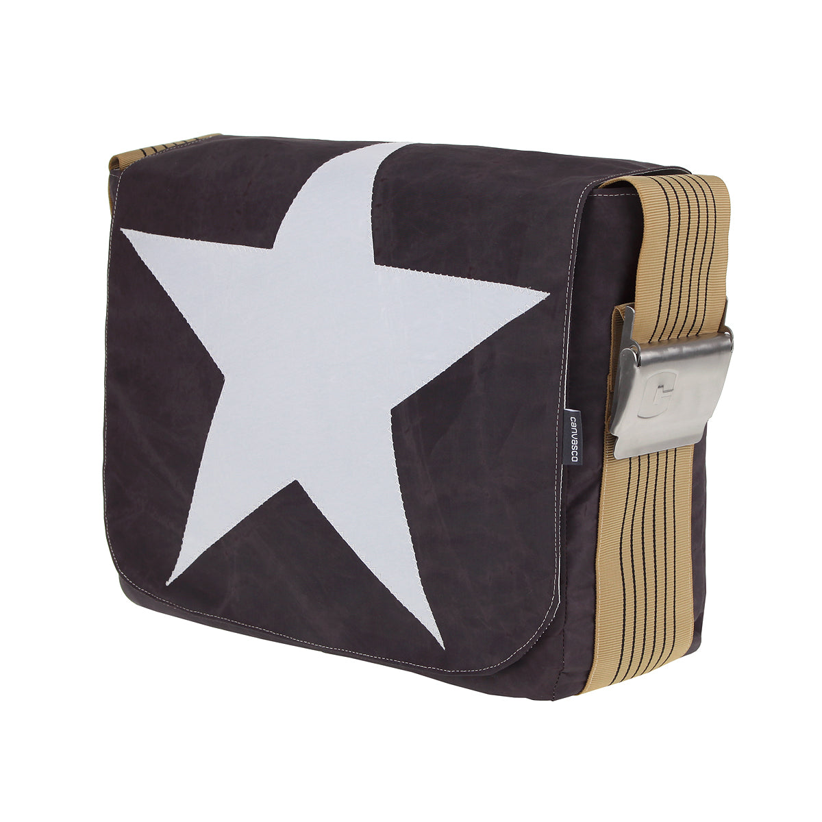 Umhängetasche CANVASCO "Urban" / Segeltuch schoko / Gurt vintage-gold / Motiv Stern weiß