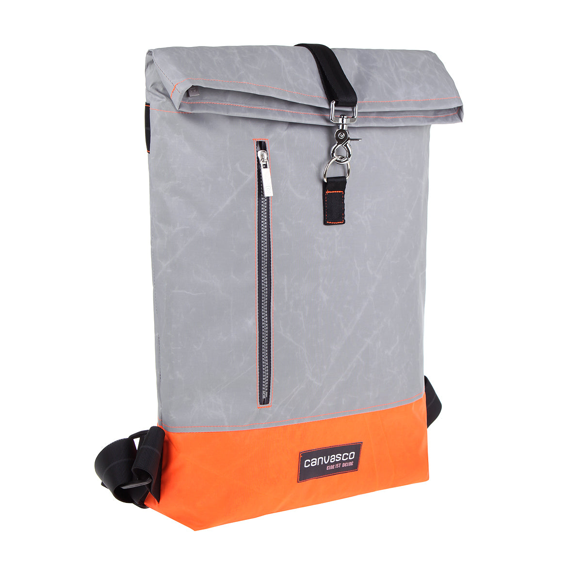 Rucksack CANVASCO "Wanda" / Segeltuch grau / Reißverschluss schwarz / Boden orange