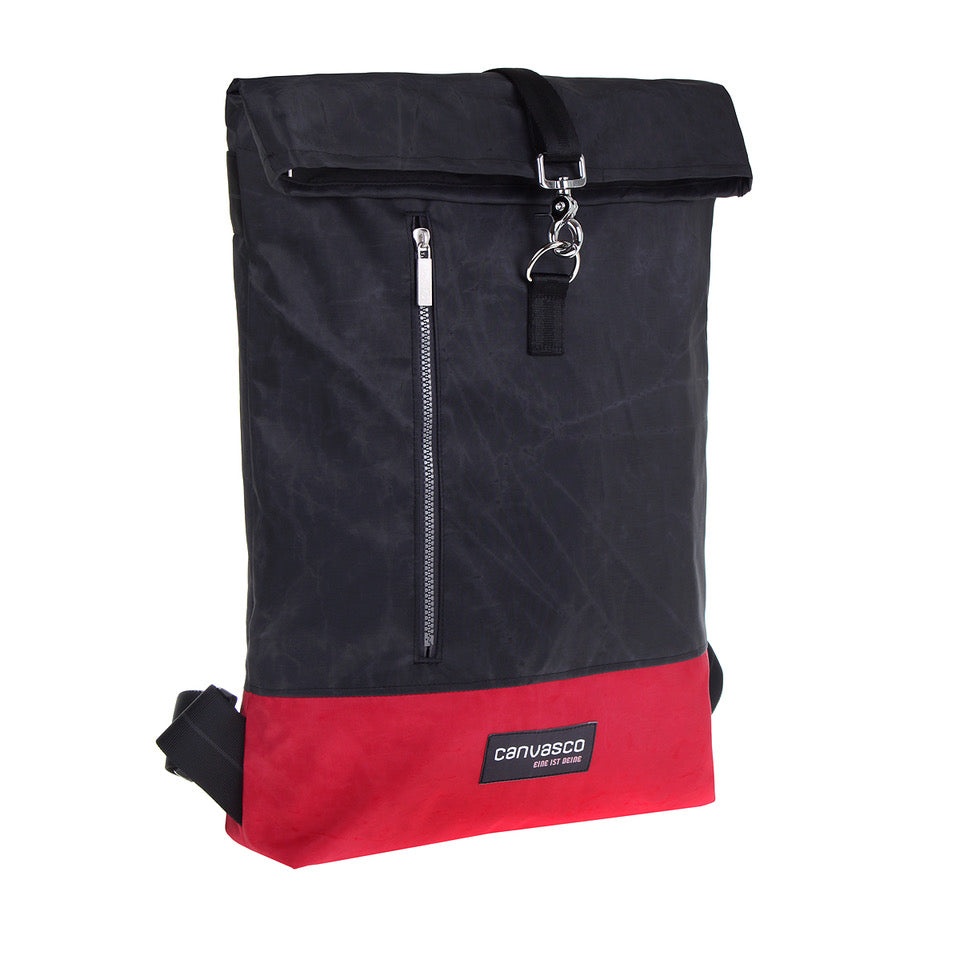Rucksack CANVASCO "Wanda" / Segeltuch schwarz / Reißverschluss schwarz / Boden rot