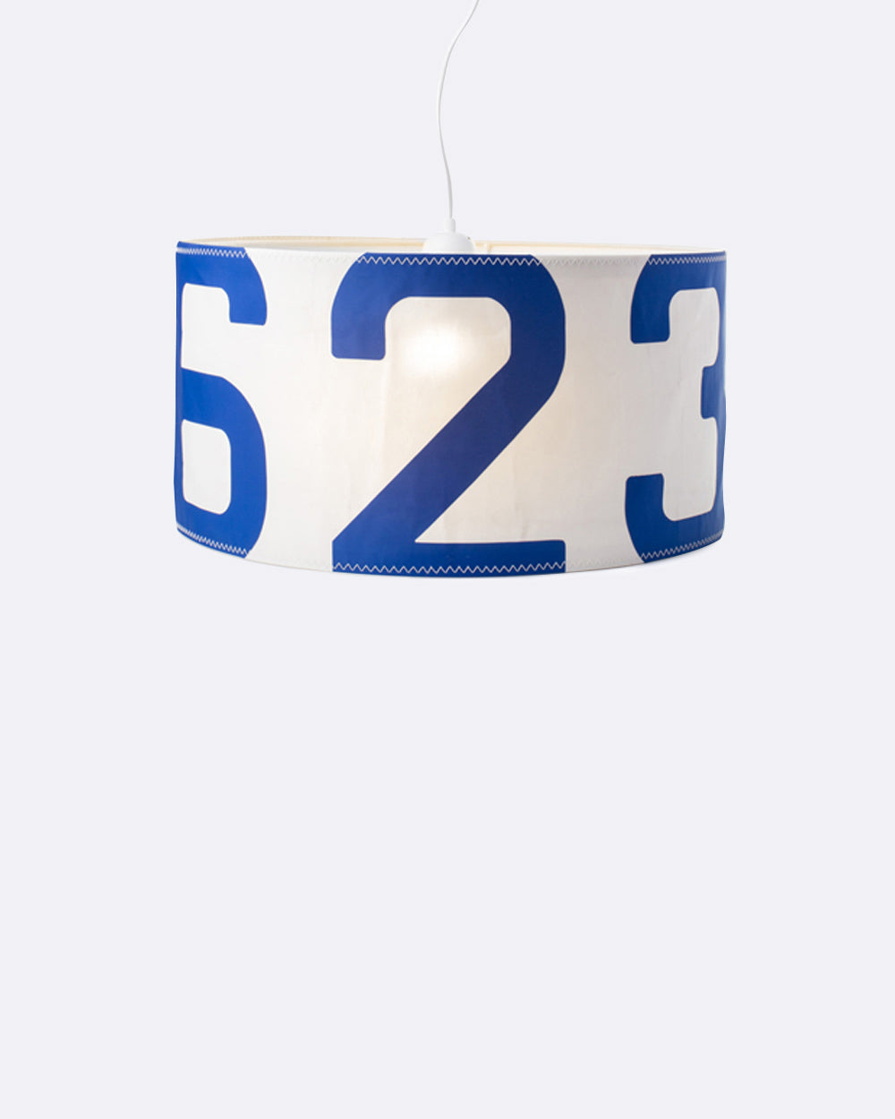 Hängelampe Deckenlampe Ø 38 cm by 727 Sailbags / Segeltuch weiß / Motiv Zufallszahl blau