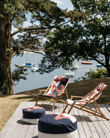 Liegestuhl Sonnenliege "Relax" by 727 Sailbags / Segeltuch weiß navy / Motiv 423 rot