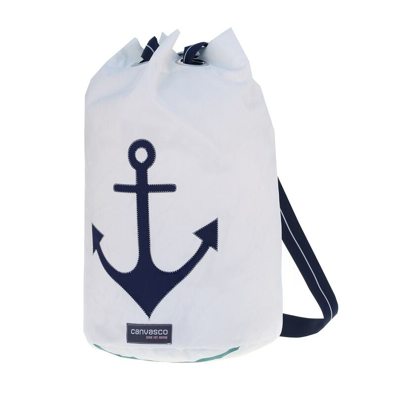 Seesack CANVASCO "Seasick" / Segeltuch weiß / Gurt blau-weiß / Motiv Anker blau
