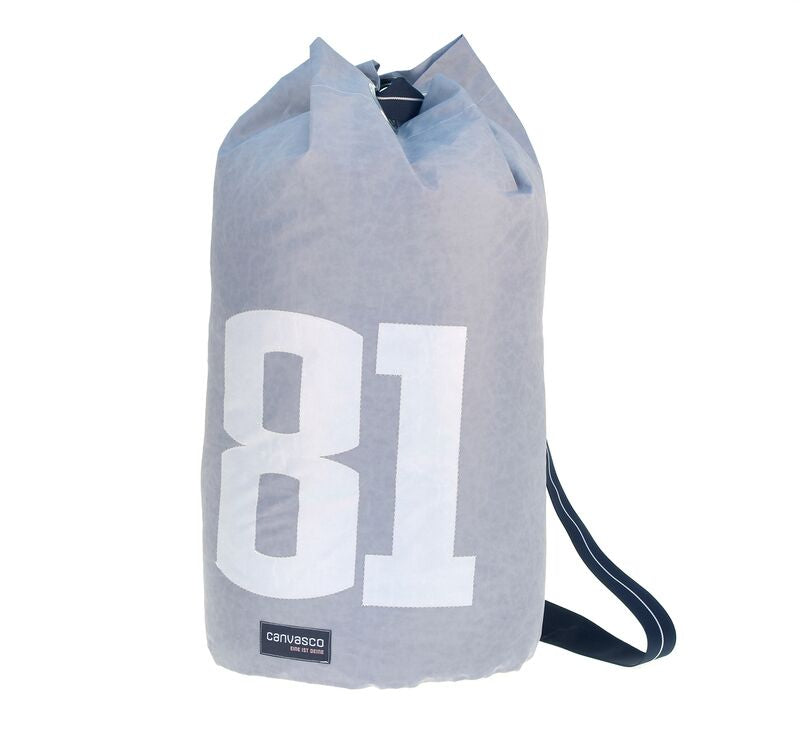 Seesack CANVASCO "Seasick" / Segeltuch grau / Gurt blau-weiß / Motiv 81 weiß