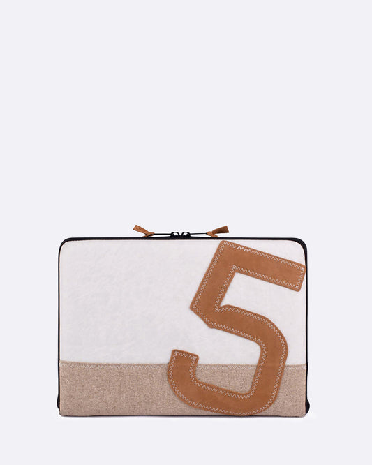 Laptophülle "MacBook 13 Zoll" by 727 Sailbags / Segeltuch weiß / Boden Leinen / Motiv 5 Leder