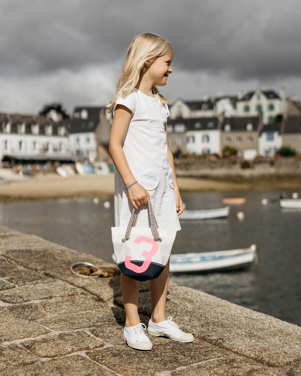Kindertasche "Legende Mini" by 727 Sailbags / Segeltuch weiß / Boden blau / Motiv 3 pink