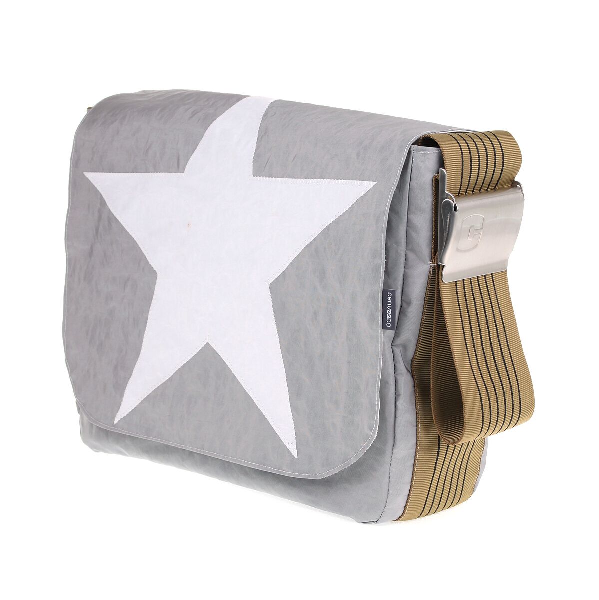 Umhängetasche CANVASCO "Urban" / Segeltuch grau / Gurt vintage-gold / Motiv Stern weiß