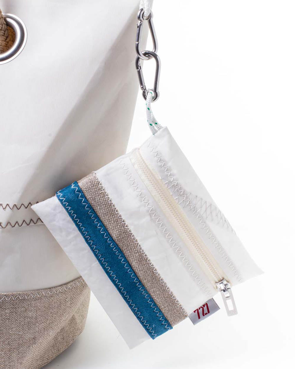 Geldbörse Geldbeutel "Pocket" by 727 Sailbags / Segeltuch weiß / Leder blau / Leinen