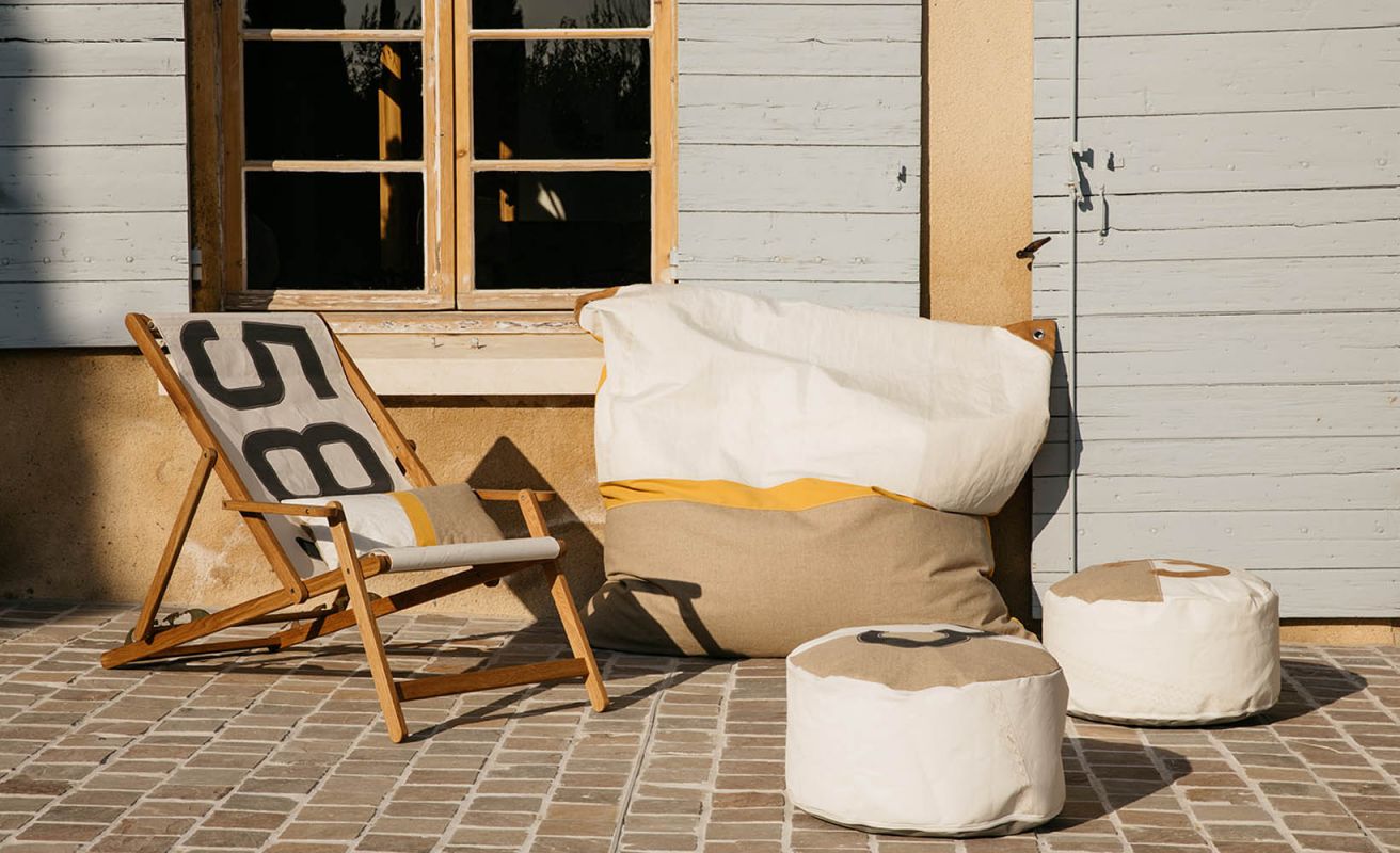 Liegestuhl Sonnenliege "Relax" by 727 Sailbags / Segeltuch weiß gelb / Motiv 259 schwarz