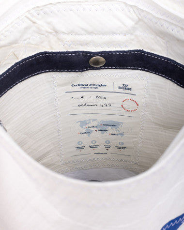 Rucksack "Odyssey" by 727 Sailbags / Segeltuch weiß navy / Motiv 4 blau