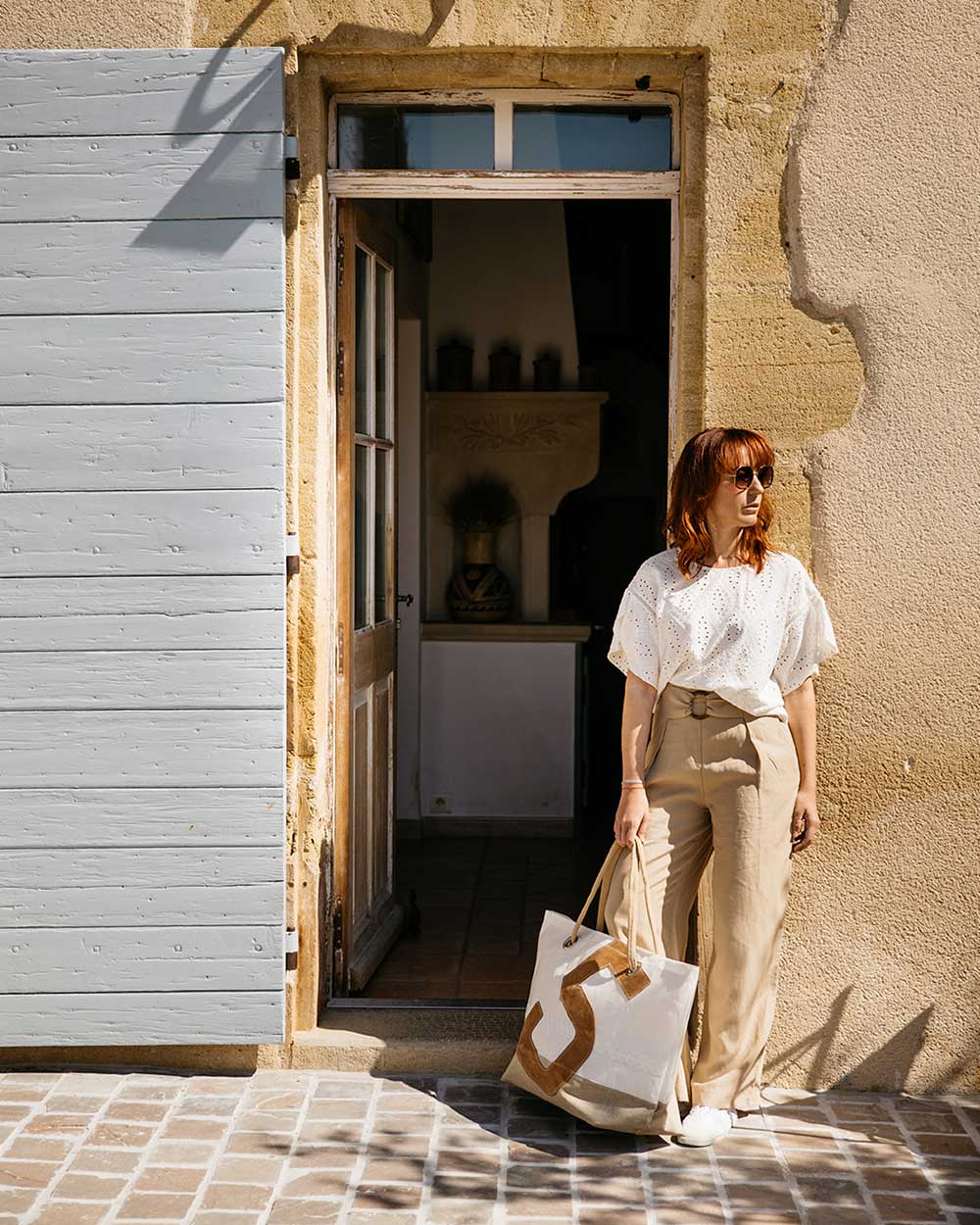 Damen Reisetasche "Carla" by 727 Sailbags / Segeltuch weiß / Boden Leder / Motiv 5 Leder