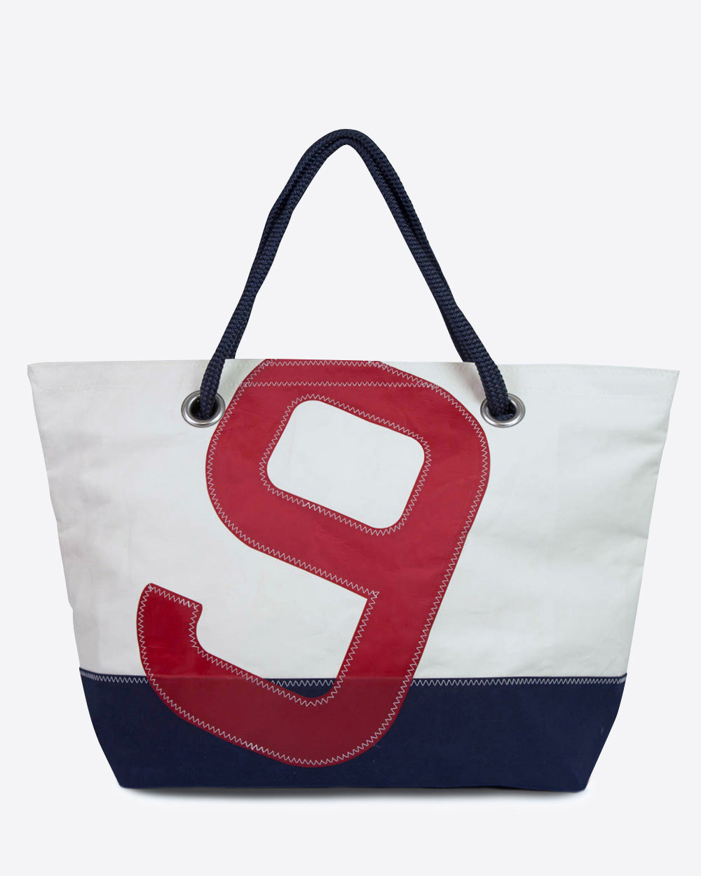 Damen Reisetasche "Carla" by 727 Sailbags / Segeltuch weiß / Boden navy / Motiv 9 rot