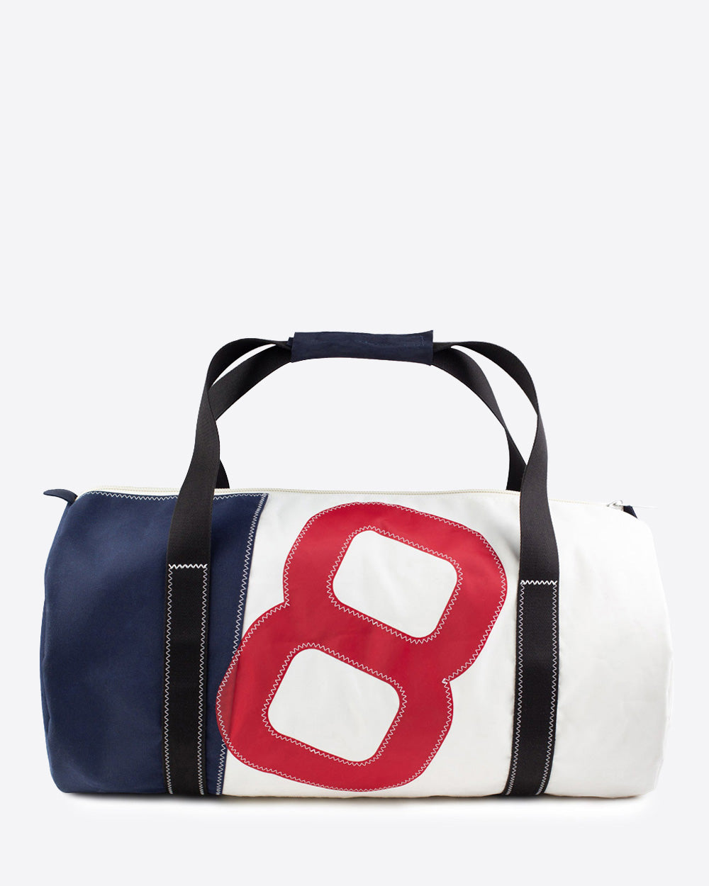 Reisetasche "Onshore" by 727 Sailbags / Segeltuch weiß navy / Motiv 8 rot