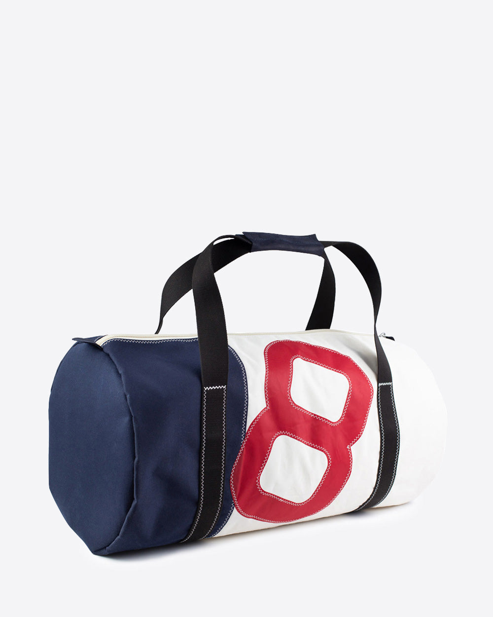 Reisetasche "Onshore" by 727 Sailbags / Segeltuch weiß navy / Motiv 8 rot