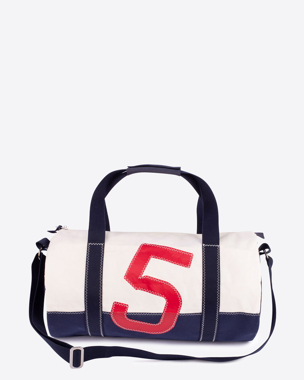 Reisetasche "Polochon" by 727 Sailbags / Segeltuch weiß / Boden navy / Motiv 5 rot