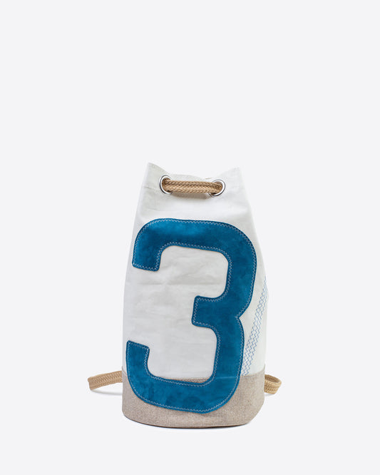 Seesack "Jack" by 727 Sailbags / Segeltuch weiß / Boden Leinen / Motiv 3 Leder blau
