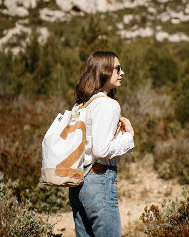 Seesack "Jack" by 727 Sailbags / Segeltuch weiß / Boden Leinen / Motiv 2 Leder