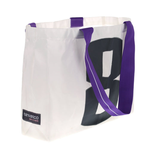 Strandtasche Badetasche CANVASCO "Beach" / Segeltuch weiß / Gurt lila-weiß / Motiv 8 grau