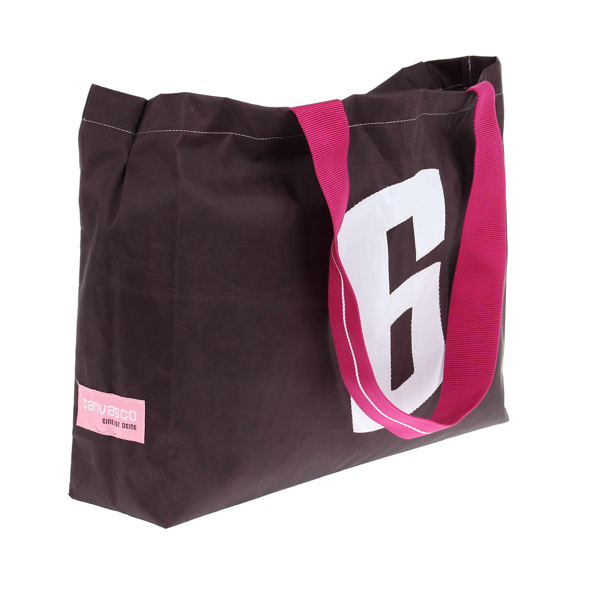 Strandtasche Badetasche CANVASCO "Beach" / Segeltuch schoko / Gurt himbeer-weiß / Motiv 6 weiß