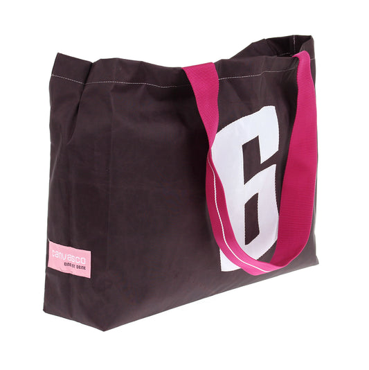 Strandtasche Badetasche CANVASCO "Beach" / Segeltuch schoko / Gurt himbeer-weiß / Motiv 6 weiß