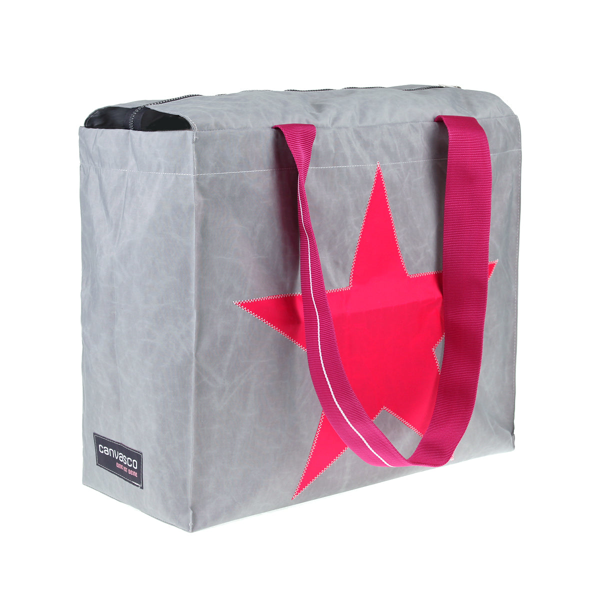 Strandtasche Badetasche CANVASCO "Beach Pro" / Segeltuch grau / Gurt pink-weiß / Motiv Stern pink