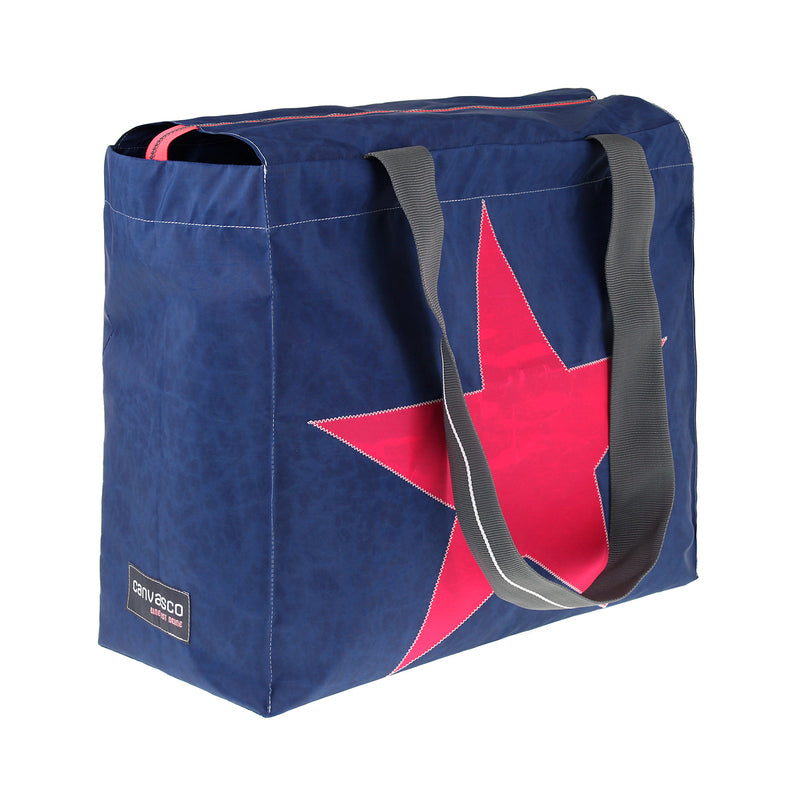Strandtasche Badetasche CANVASCO "Beach Pro" / Segeltuch blau / Gurt grau-weiß / Motiv Stern pink
