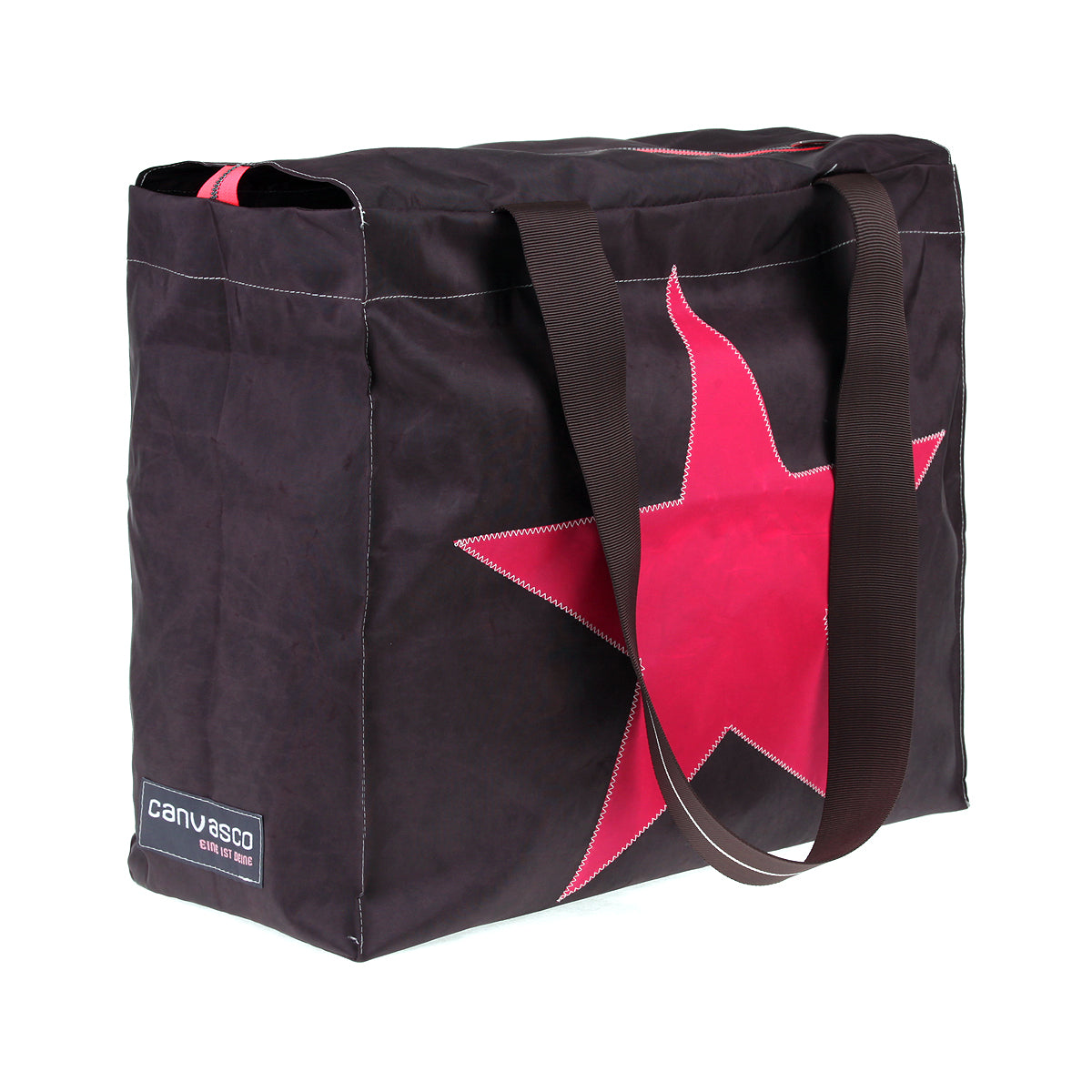 Strandtasche Badetasche CANVASCO "Beach Pro" / Segeltuch braun / Gurt braun-weiß / Motiv Stern pink