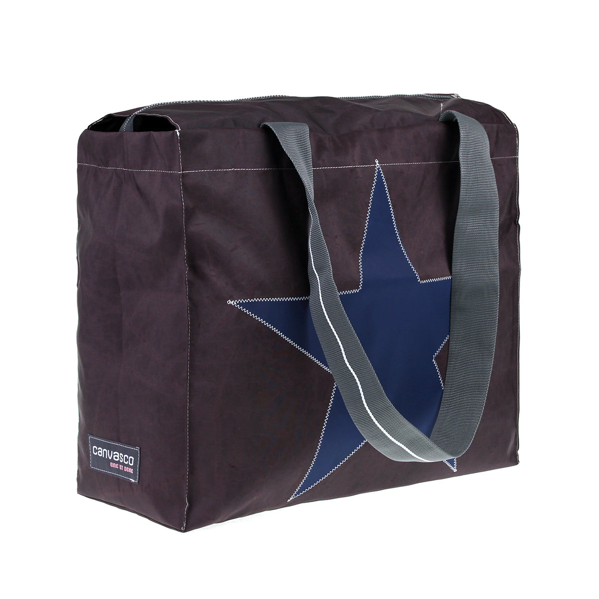 Strandtasche Badetasche CANVASCO "Beach Pro" / Segeltuch braun / Gurt grau-weiß / Motiv Stern blau