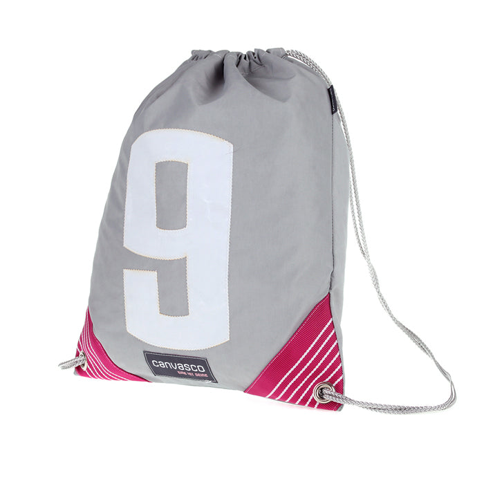 Turnbeutel CANVASCO "Jim" / Segeltuch grau / Ecken pink-weiß / Motiv 9 weiß