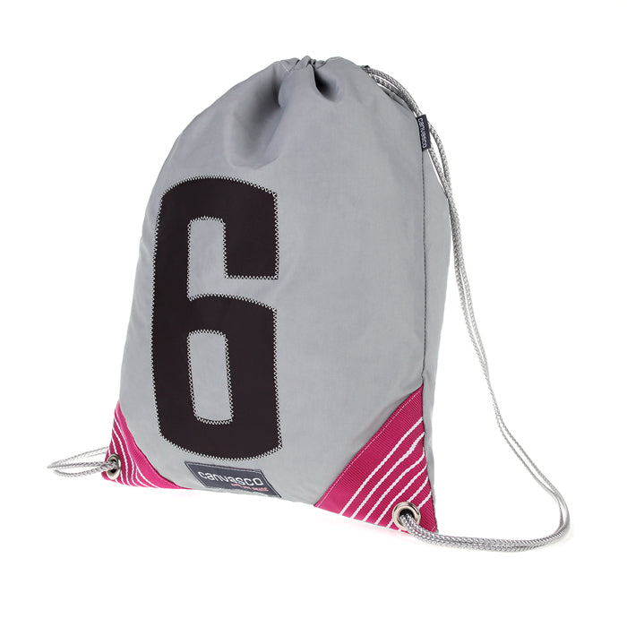 Turnbeutel CANVASCO "Jim" / Segeltuch grau / Ecken himbeer-weiß / Motiv 6 schwarz