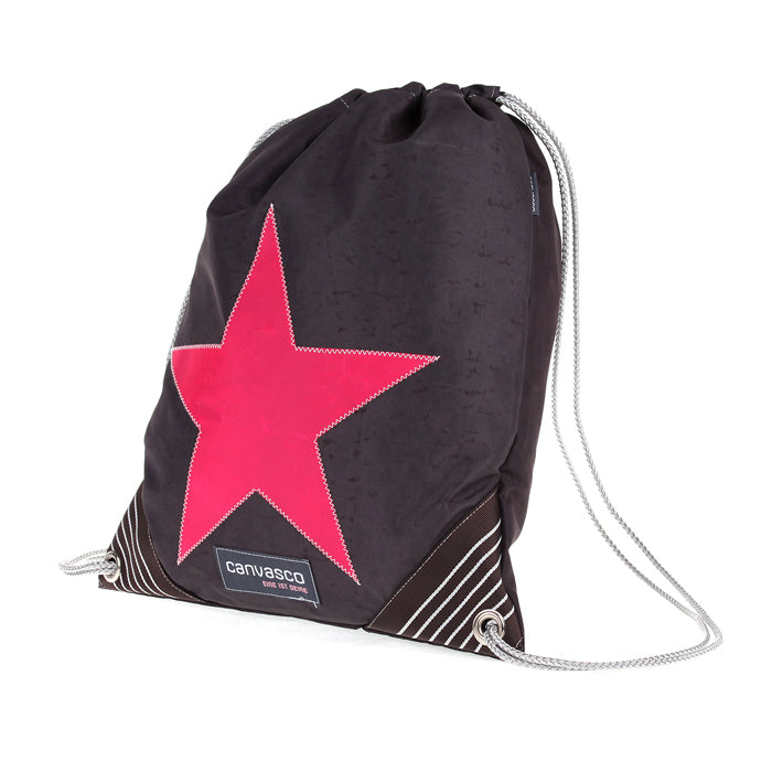 Turnbeutel CANVASCO "Jim" / Segeltuch braun / Ecken braun-weiß / Motiv Stern pink