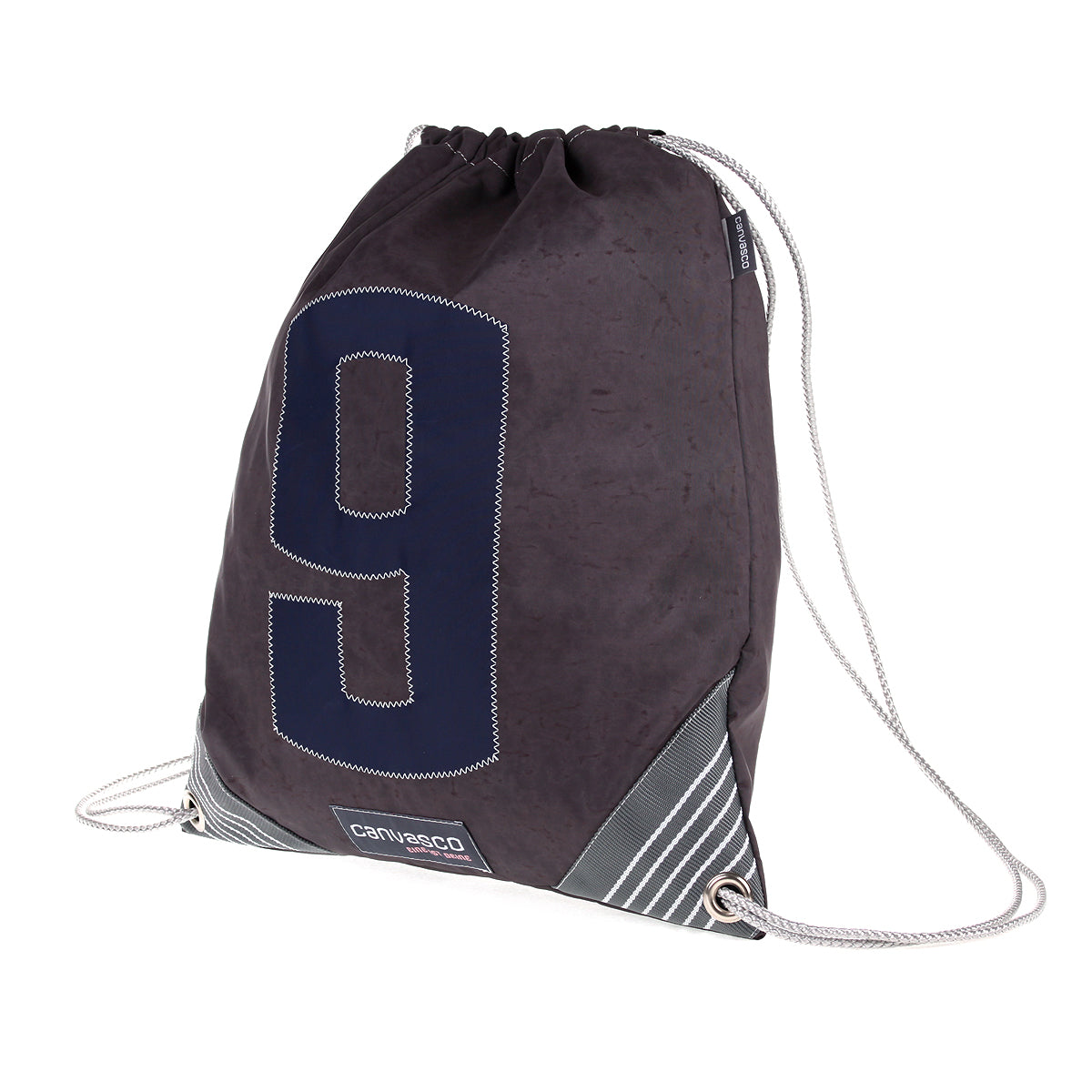 Turnbeutel CANVASCO "Jim" / Segeltuch braun / Ecken grau-weiß / Motiv 9 blau