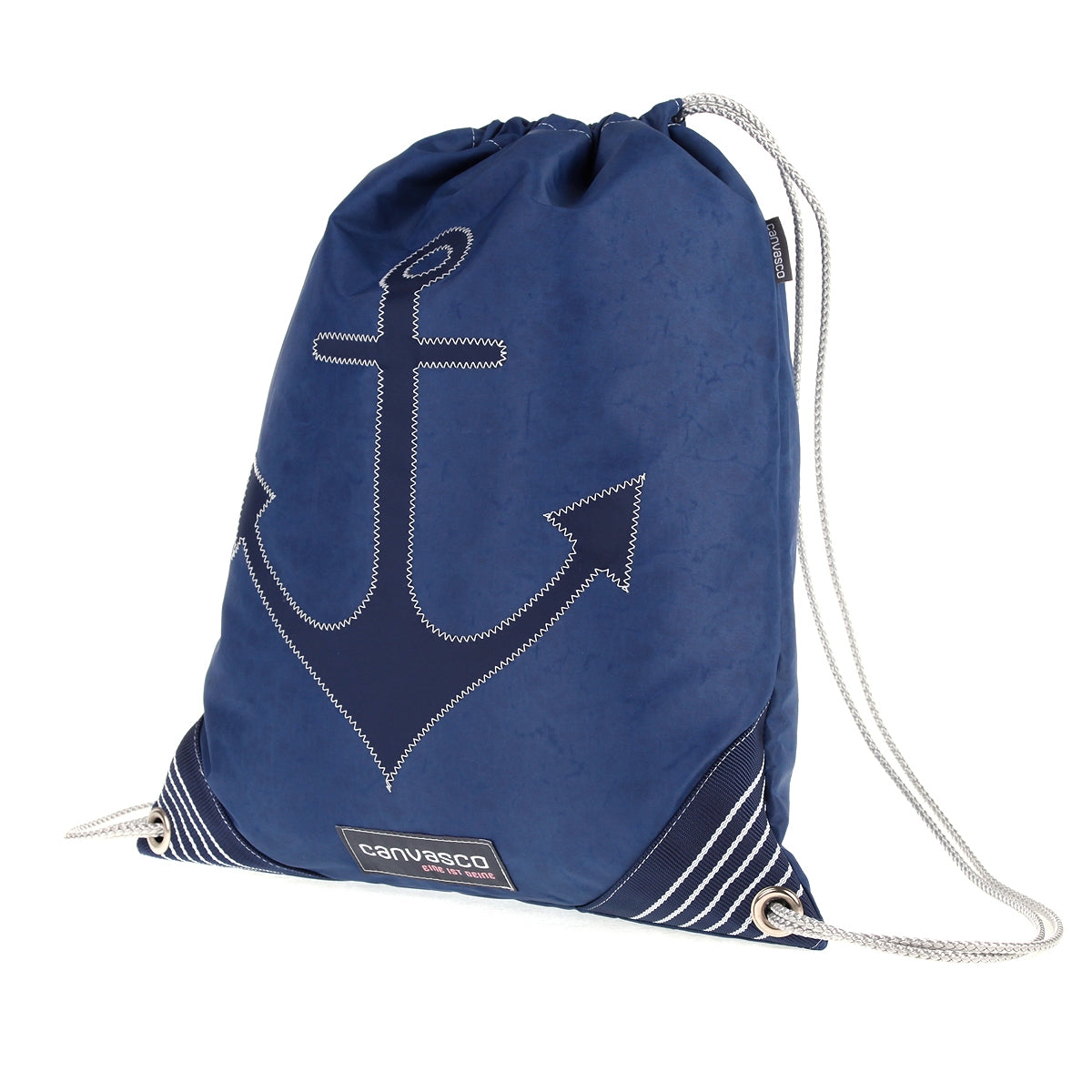 Turnbeutel CANVASCO "Jim" / Segeltuch blau / Ecken blau-weiß / Motiv Anker blau