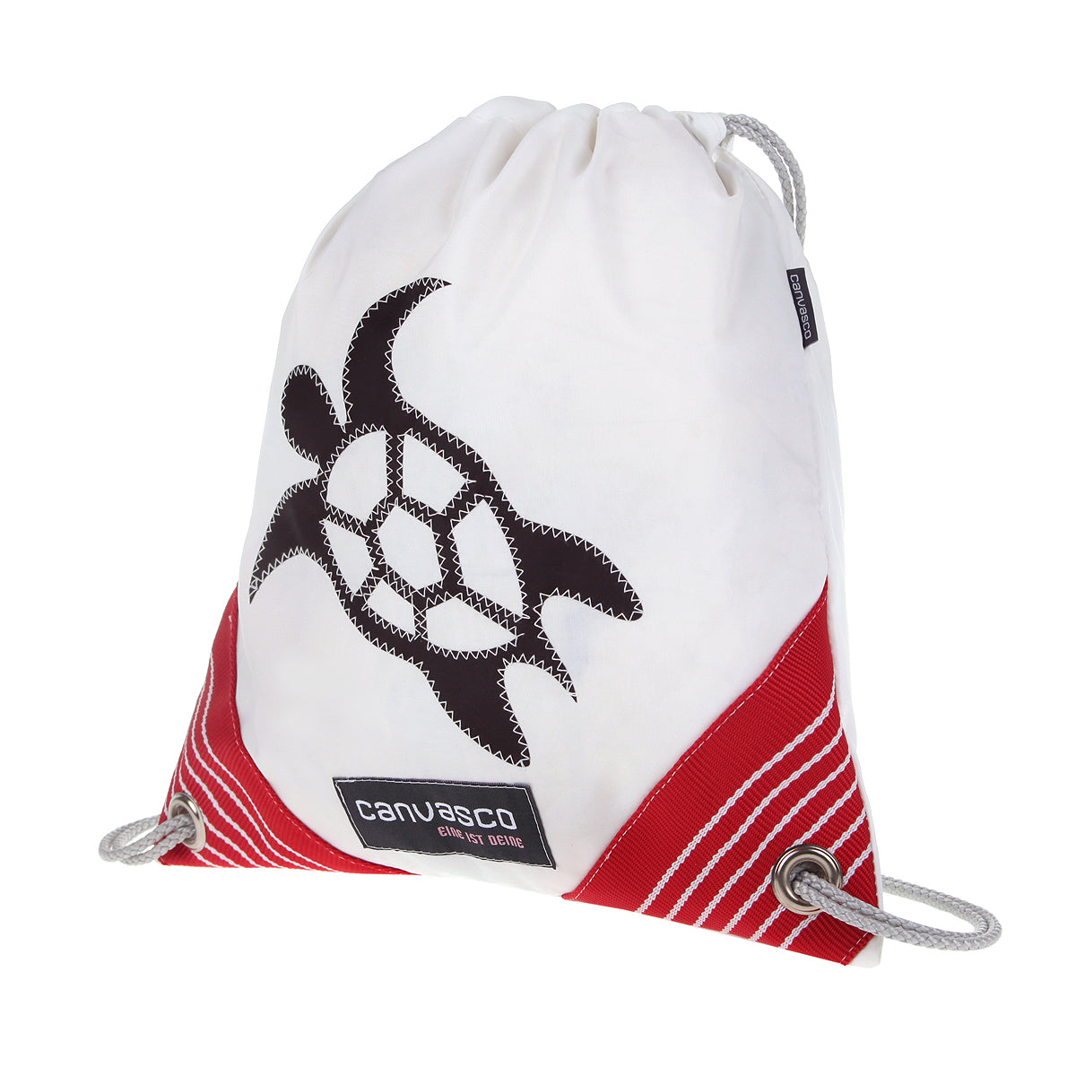 Turnbeutel CANVASCO "Jim Kids" / Segeltuch weiß / Ecken rot-weiß / Motiv Schildkröte schwarz