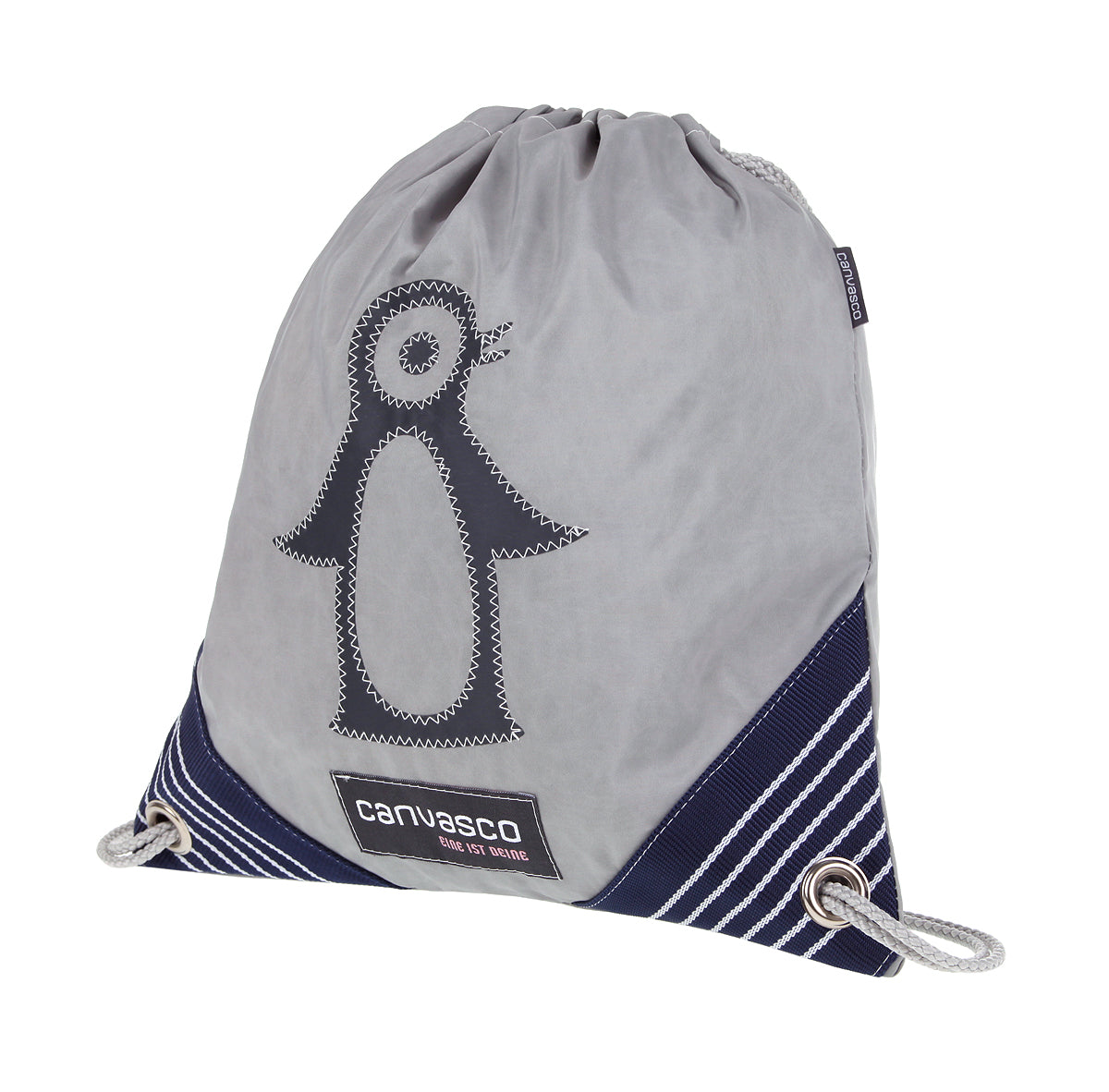 Turnbeutel CANVASCO "Jim Kids" / Segeltuch grau / Ecken blau-weiß / Motiv Pinguin schwarz