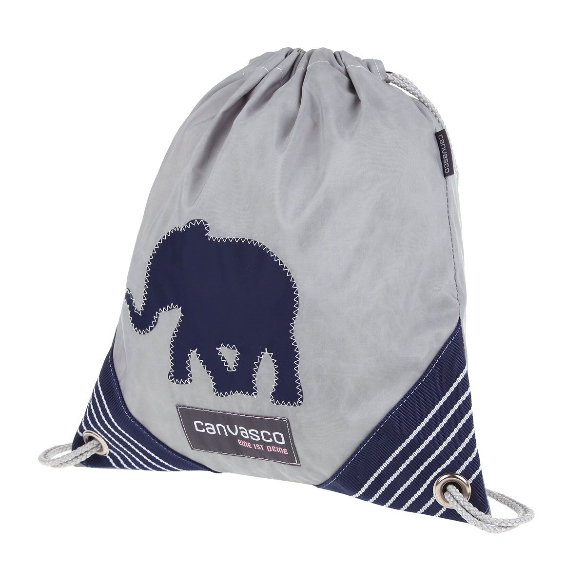 Turnbeutel CANVASCO "Jim Kids" / Segeltuch grau / Ecken blau-weiß / Motiv Elefant blau