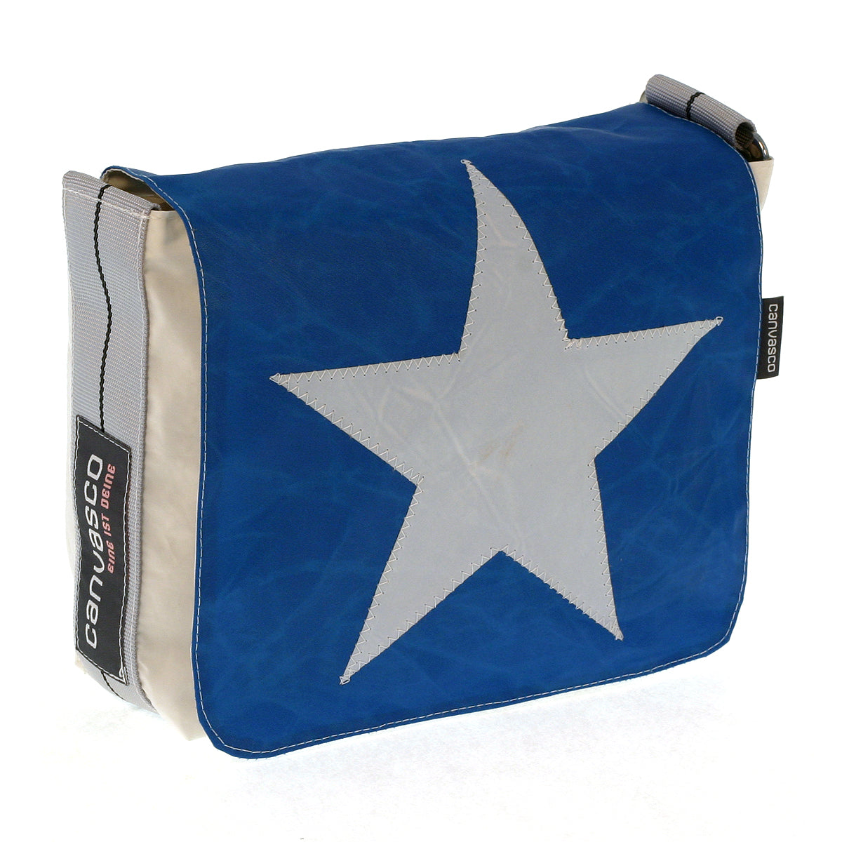 Kindertasche CANVASCO "Kids" / Segeltuch blau-weiß / Gurt grau-schwarz / Motiv Stern weiß