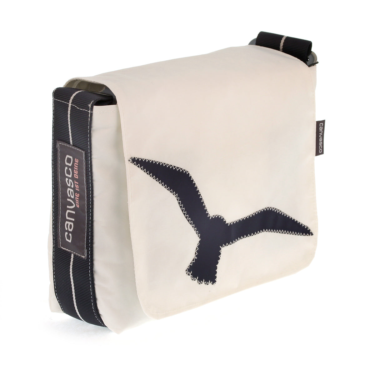 Kindertasche CANVASCO "Kids" / Segeltuch weiß / Gurt schwarz-weiß / Motiv Möwe schwarz