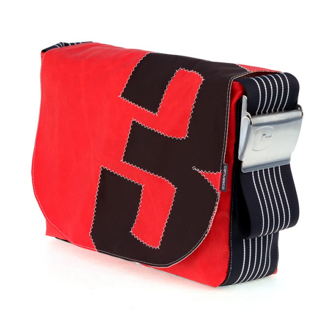 Umhängetasche CANVASCO "Urban" / Segeltuch rot / Gurt schwarz-weiß / Motiv 3 schwarz