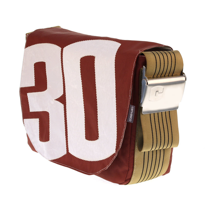 Umhängetasche CANVASCO "Urban" / Segeltuch schoko / Gurt vintage-gold / Motiv 30 weiß