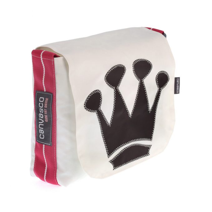 Umhängetasche CANVASCO "Mini" / Segeltuch weiß / Gurt pink-weiß / Motiv Krone schwarz