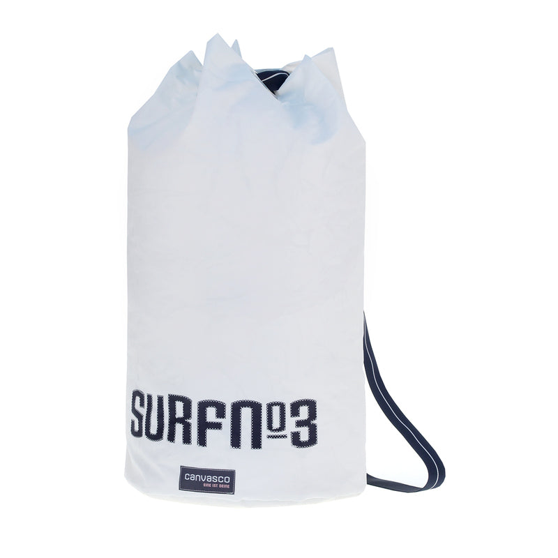 Seesack CANVASCO "Seasick" / Segeltuch weiß / Gurt blau-weiß / Motiv surfno3 blau