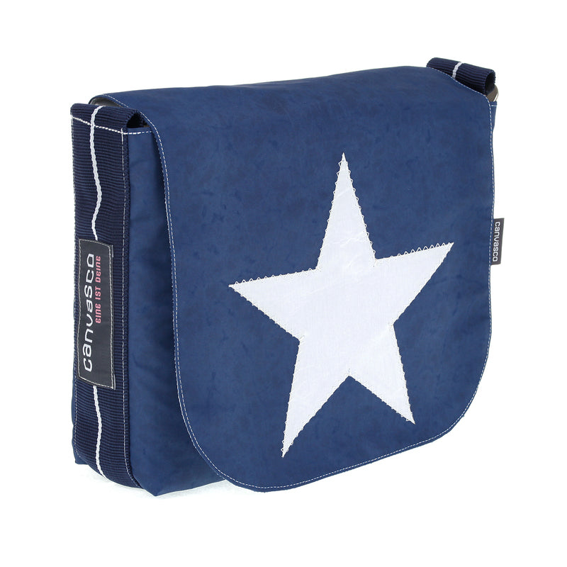 Umhängetasche CANVASCO "Mini" / Segeltuch blau / Gurt blau-weiß / Motiv Stern weiß