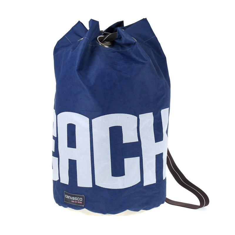 Seesack CANVASCO "Seasick" / Segeltuch blau / Gurt braun-weiß / Motiv Beach weiß