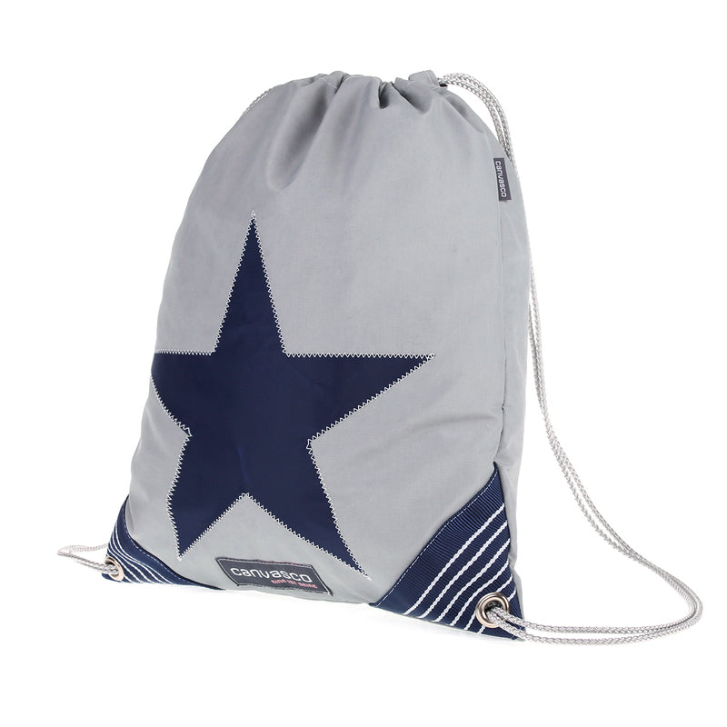 Turnbeutel CANVASCO "Jim" / Segeltuch grau / Ecken blau-weiß / Motiv Stern blau