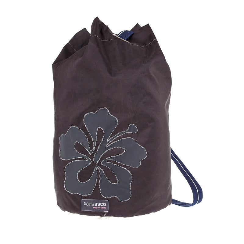 Seesack CANVASCO "Seasick" / Sack schoko / Gurt blau-weiß / Motiv Hibiskus schwarz
