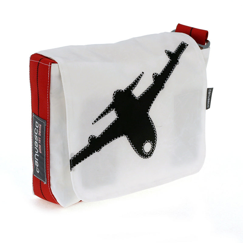 Kindertasche CANVASCO "Kids" / Segeltuch weiß / Gurt rot-schwarz / Motiv Flugzeug schwarz